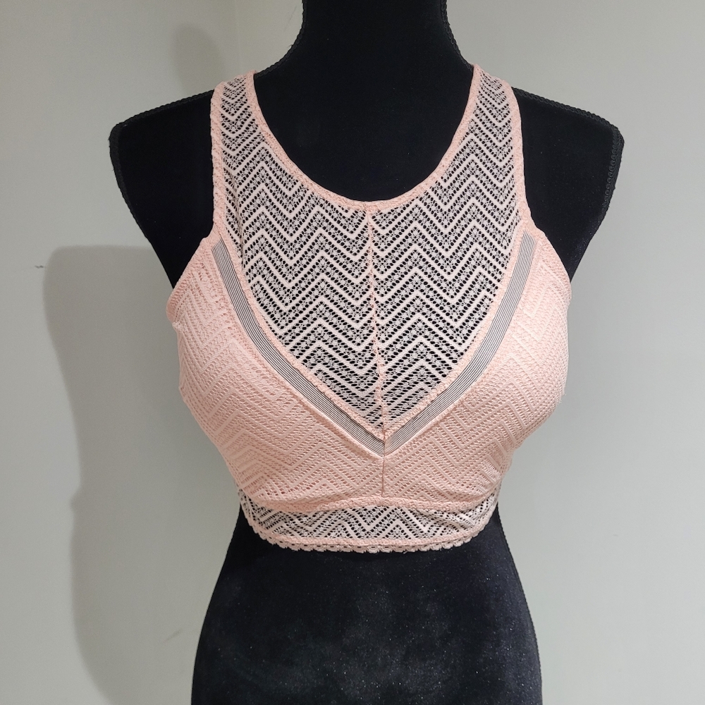 No Boundaries Women's Wireless Lace Bralette High Neck Large Pink Balletcore